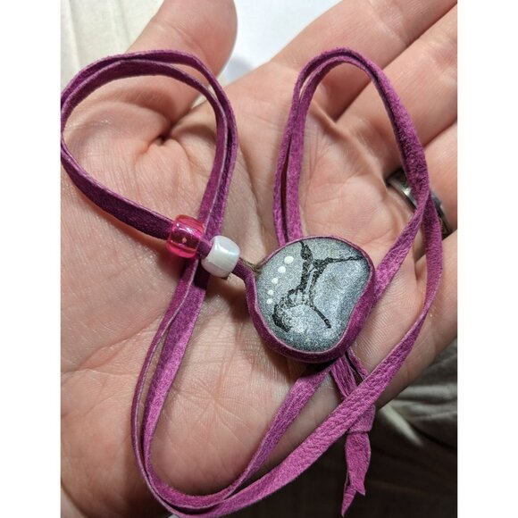 Native Hand Painted Mustang Rock Pendant Necklace With Purple Suede Cord - Picture 7 of 8